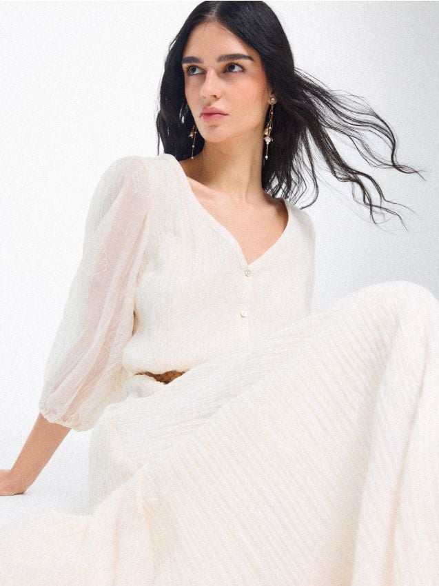 Rochie maxi cu mâneci bufante