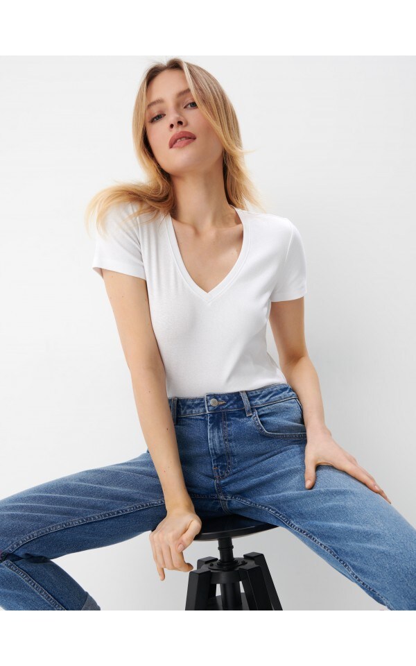 Biały t-shirt z dekoltem V, MOHITO, 0963U-00X