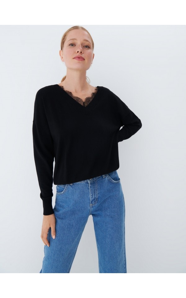 Sweter z koronkową wstawką Kolor czarny - MOHITO - 8714H-99X