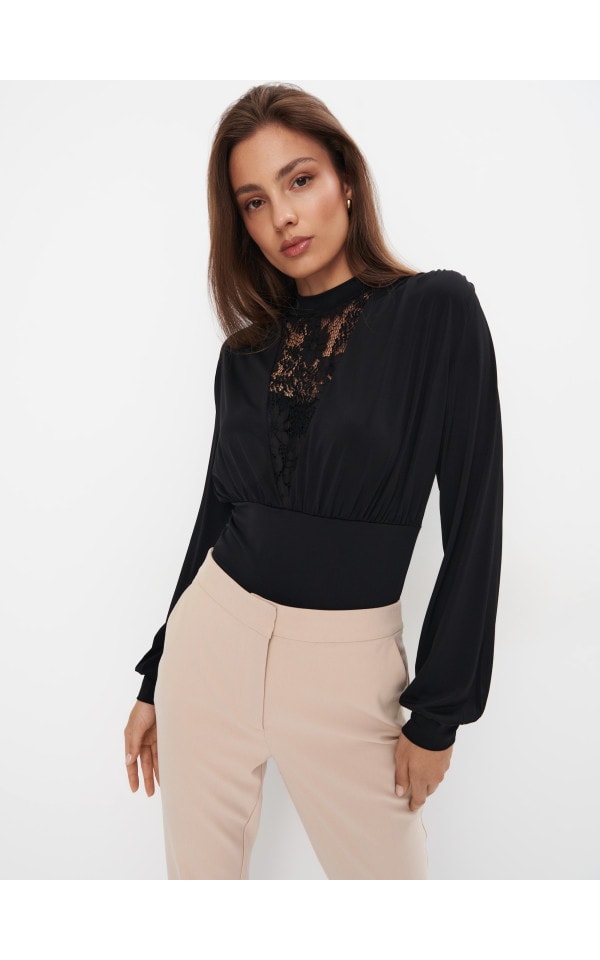 【8/20まで！】EBONY bloom long shirts Czarna bluzka ze stójką Kolor czarny - MOHITO - 876BU-99X