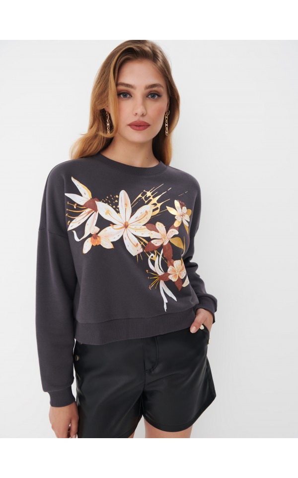 Bluza W Kwiaty Kolor Szary MOHITO 9828Z 90X bluza-w-kwiaty-kolor-szary-mohito-9828z-90x